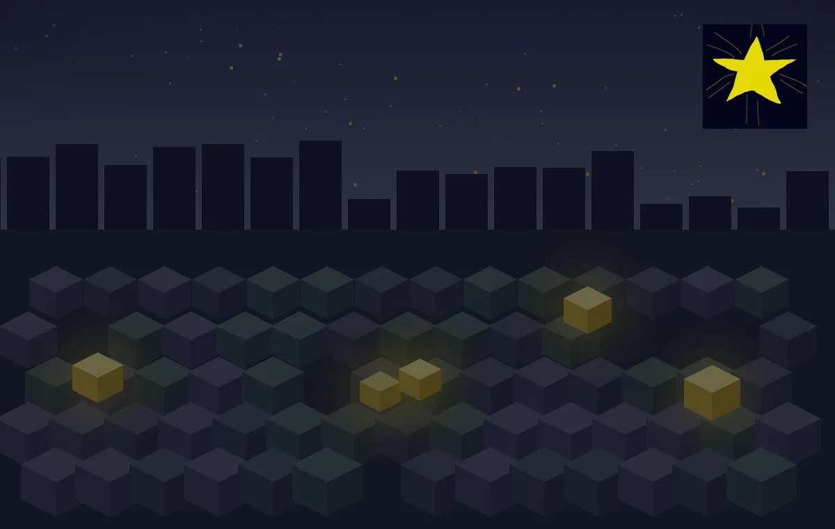 Starlight-themed illuminated voxel package scene